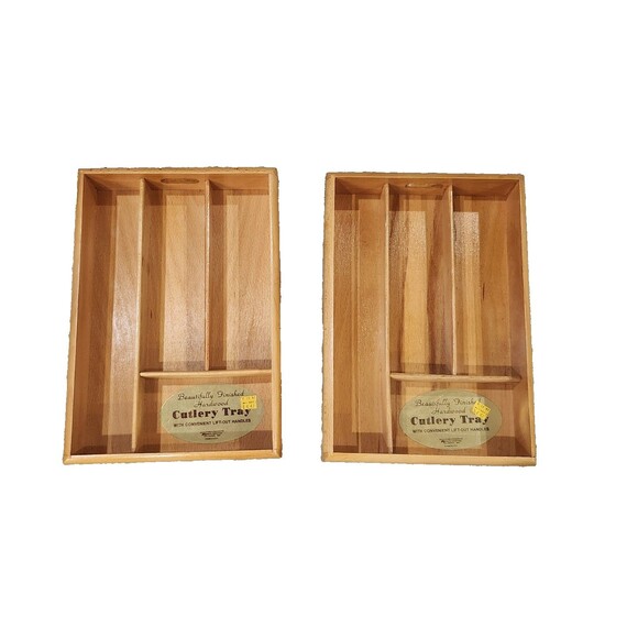 Vintage Kitchen Utensil Flatware Cutlery Wood Organizer Tray K-Mart Lot of 2 - Picture 1 of 14